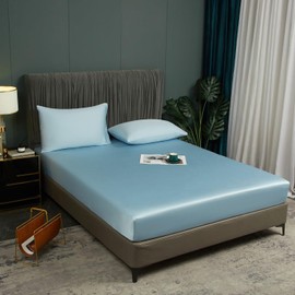 Luofanfei Fitted Sheet 200 x 200 cm Blue Light Blue Box Spring Bed Terry Cloth Shiny Summer Cooling Bamboo Microfibre Bed Sheet 200 x 200 cm Plain Fitted Sheets for High Mattresses up to 25-30 cm