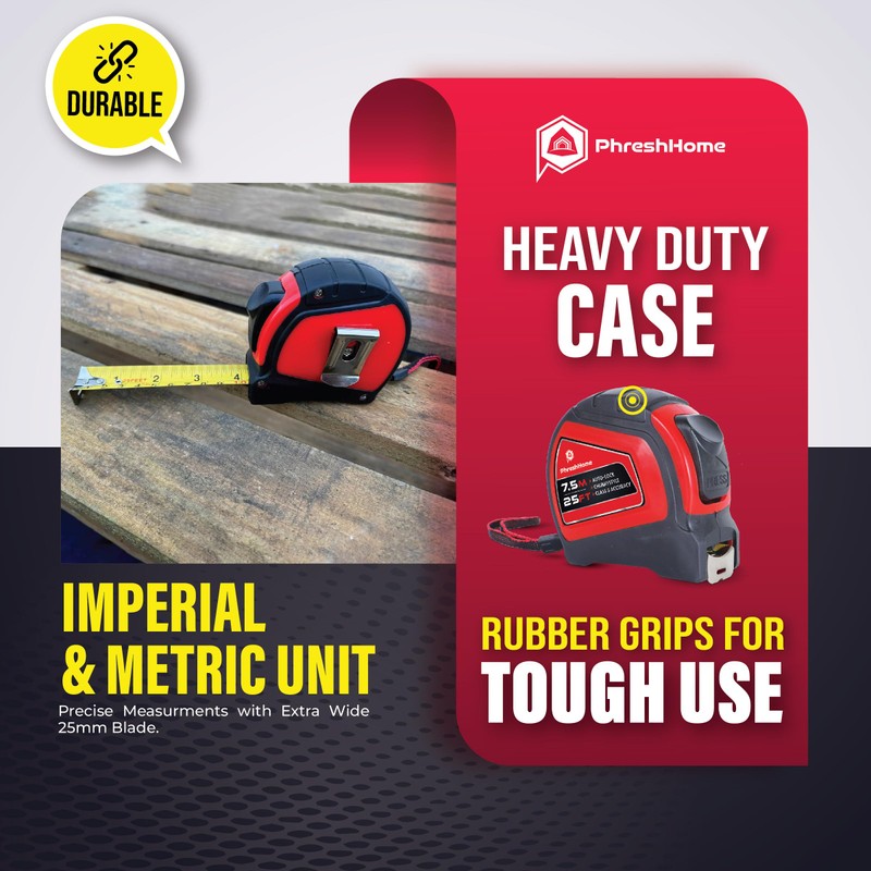 7.5m 25ft Tape Measure, Auto-Lock, Extra Wide 25mm Blade, Metal