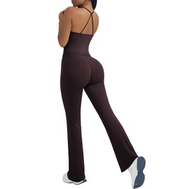 OMKAGI 2 Piece Workout Sets for Women Padded Tank Tops Flare Leggings Pilates Outfits(L,502-Dark Brown)