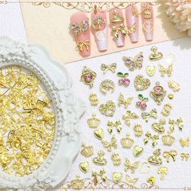 RODAKY Gold Nail Charms Multi-Style Nail Art Studs Pink Rhinestone Butterfly Bow Metal Alloy Nail Jewels Cherry Heart Glitter Luxury Nail Decorations Manicure Design Accessories
