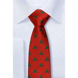 Retreez Delightful Christmas Tree Pattern Woven Microfiber 2.4" Skinny Tie - Red