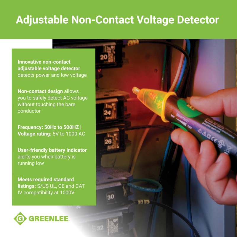 Greenlee GT-16 Adjustable Non-Contact Voltage Detector, 5V - 1000V AC,Green,