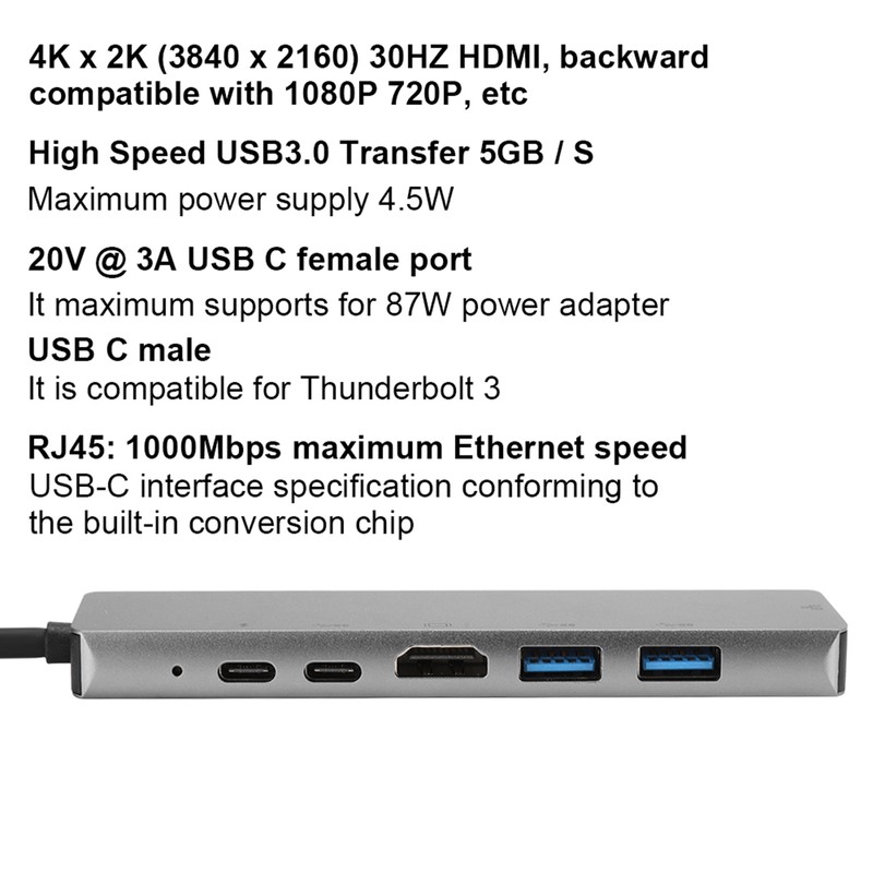 Lightweight Gray Metal 6 In-1 USB C to Type C