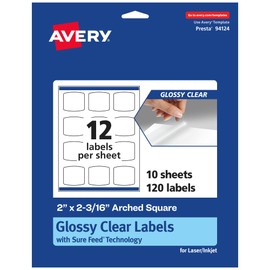 Avery Glossy Clear Arched Square Labels with Sure Feed, 2" x 2-3/16", 120 Glossy Clear Labels, Print-to-The-Edge, Laser/Inkjet Printable Labels