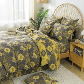 FADFAY Floral Duvet Cover Vintage Grey Yellow Peony Floral Bedding Super Soft Washed Double -Layer Muslin Sheets 100% Cotton Comforter Cover with Hidden Zipper Closure 3Pcs, King/California King Size
