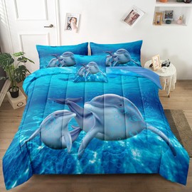 Dolphin Comforter Set Full Size Bed in a Bag Cute Dolphin Jumping Blue Ocean Themed Bedding Set for Boys Girls Room Decor with Comforter,Pillow Shams,Flat Sheet,Fitted Sheet,Cushion Cover(Full6Pcs)