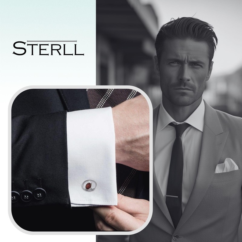 Solid Men's 925 Silver Cufflinks with Amber for Shirts, Silver