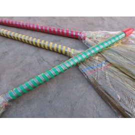 lot of 3 pieces Vietnamese soft fan straw broom with plastic wrap straw handle (chổi lúa) 40 inch and a free yellow plastic tube handle broom