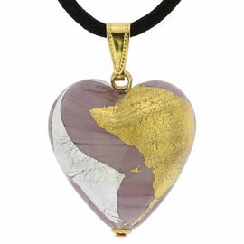 GlassOfVenice Murano Glass Heart Pendant - Purple Gold and Silver