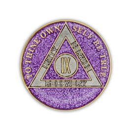 9 Year Sobriety Coin | Glitter Triplate AA Chip Recovery Anniversary Token (Purple)