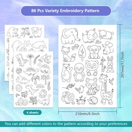 GLOBLELAND 4 Sheets Cartoon Animal Water Soluble Stabilizer Hand Sewing Stabilizers with Pre Printed Stick and Stitch Self Adhesive Wash Away Stabilizer for Bags Cloth Embroidery Hand Sewing Lover
