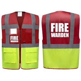 Brook Hi Vis UK Big Logo Fire Warden Red/Yellow Zipped Hi Vis Vest High Visibility Safety Waistcoat Pockets Reflective Bands, Fire Team Event Staff, Alpha, M, Regular, Regular, Red/Yellow