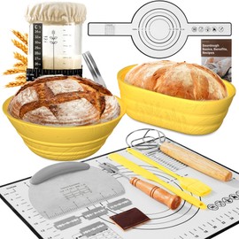 Sourdough Starter Kit with Jar – Complete Sourdough Bread Baking Supplies for Beginners, Includes 2 Silicone Proofing Baskets Baking Mat Sour Dough Kit - Yellow