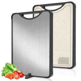 Stainless Steel Cutting Board – 2-in-1 Double Sided Cutting Board for Kitchen, SGS Food-Grade Certified, Pure Stainless Steel & Wheat Straw PP, Dishwasher Safe