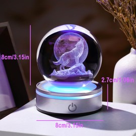 Crystal 3D Wolf 3.15in Ball Figurine Gifts for Men, Collectible Glass Animal Art Sphere for Room with LED Light Base Keepsakes for Wolves Lovers Home Decor Paperweight