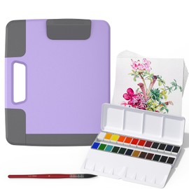 MEI LIANG Travel Watercolor Paint Set, Watercolor Set Includes 24 Colors Solid Watercolors + 7.5x7.5 inch 50% Cotton Watercolor Paper(20 Sheets) + 1 Watercolor Brush + Purple Handheld Organizer