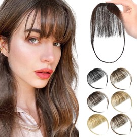 SHEDOWIG Clip in Bangs Remy Human Hair Extensions Front Fringe French Bangs with Temples Hairpiece Dark Brown