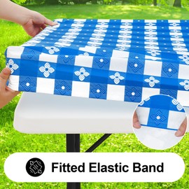 Spotjoy Rectangle Vinyl Table Cloth, Waterproof Elastic Fitted Tablecloth with Flannel Backing, Plastic Table Cover for Picnic, Camping, Outdoor (Blue & White, 30"x60")