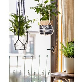 PROTITOUS 2 Pack Macrame Plant Hanger Indoor Hanging Planter Basket with No Tassels with Wood Beads Decor Flower Pot Holder Indoor Outdoor Boho Home Decor with 2 pcs Hooks,Ivory,35 Inch