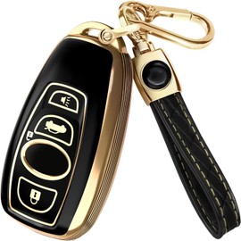 for Subaru Outback Key Fob Cover and Leather Keychain, 4 Buttons TPU Key Case for Crosstrek, Forester, Impreza, Legacy, STI WRX - 2016-2025 Keyfob Cover for HYQ14AHK - Black and Gold