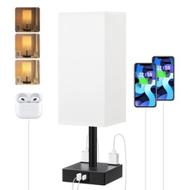 Touch Bedside Table Lamp For Nightstand - 3-Way Dimmable Night Lamp with USB A + Type C Charging Ports and two AC Outlets, Small Desk Light with E26 LED Bulb for Bedroom Living Room ,WHITE BLACK