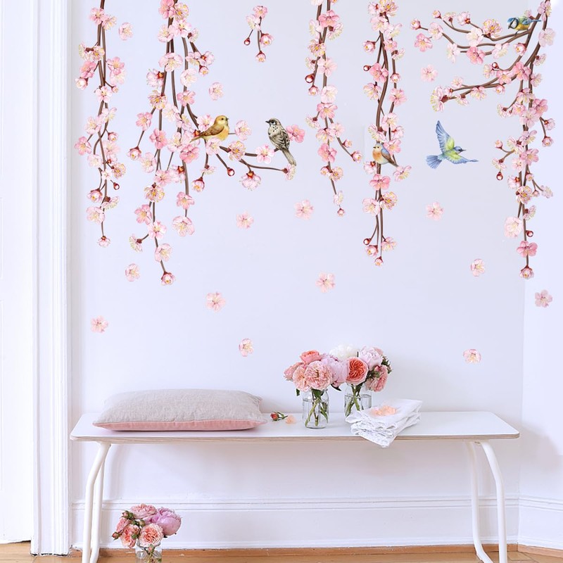 Wall Sticker Pink Flower Wisteria Cute Bird Stylish Cherry Blossom
