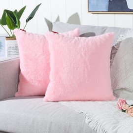 MANDIOO Pack of 2 Pink Faux Fur Fuzzy Cozy Soft Decorative Throw Pillow Covers Set Cushion Cases Pillowcases for Sofa Bedroom Car 16x16 Inches