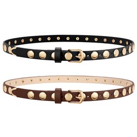 WERFORU 2 Pack Women Skinny Studded Belt Fashion Leather Waistbelts for Women Black Studded Belt for Jeans Pants Dresses 0.71" Width,Black+Coffee-Gold,26"-30" Waist Adjustable