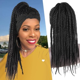 LEOSA Cornrow Braided Wig - Black Box Braid Wig with Attached Braid Headband