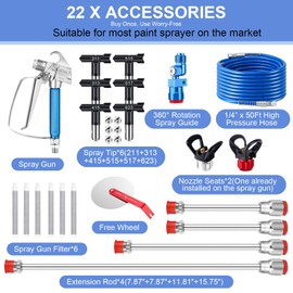 Gyfent 22Pcs Airless Paint Sprayer Gun Kit, 3600PSI Airless Spray Gun with 50Ft High Pressure Hose & 6Pcs Reversible Spray Tips & 4Pcs Extension Rod & 6Pcs Filters & Guide Tool & Nozzle Seat