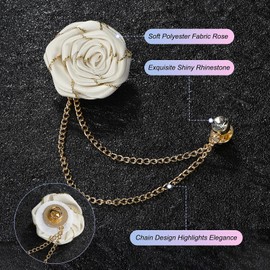 M METERXITY Rose Flower Brooch Pin for Men Suit, Cloth Flower Lapel Pin with Gold Badge Tassel Chain Brooches for Men Wedding Accessories/Prom/Party [Beige White]
