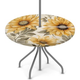 Round Fitted Tablecloth with Umbrella Hole Flower Sunflower Outdoor Fitted Tablecloth with Zipper Round Elastic Table Cover Waterproof Umbrella Table Cloth 36"-44" Patio Picnic Outdoor Tablecloth