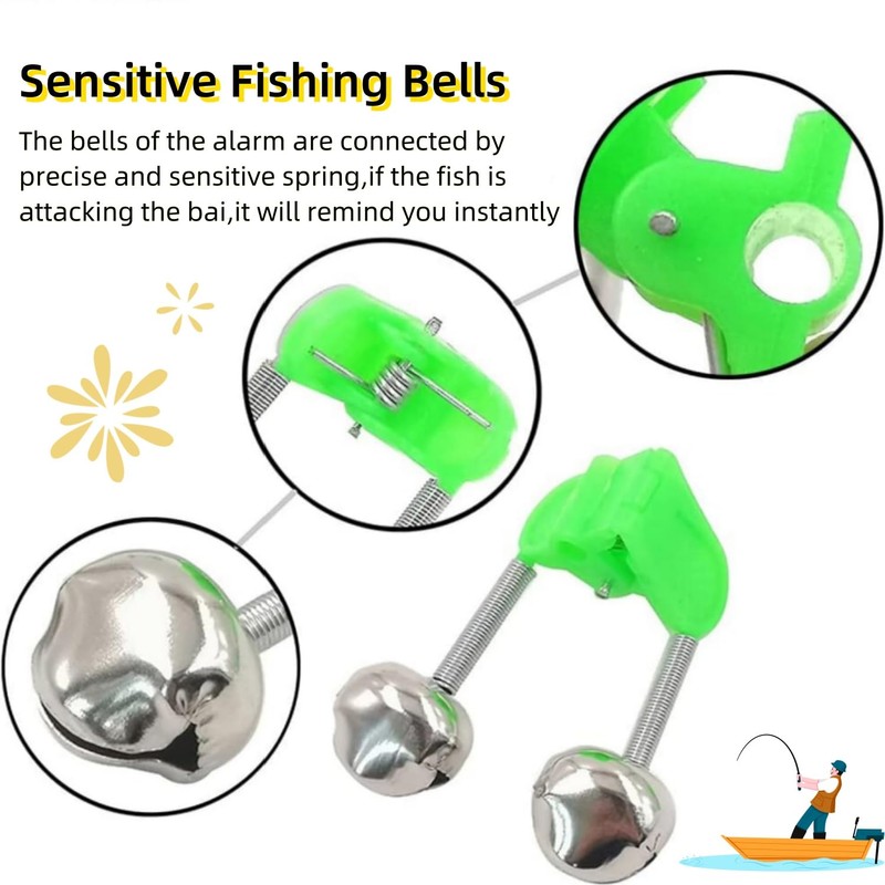 20 Pcs Fishing Rod Alarm Dual Alert Bells Green Silver
