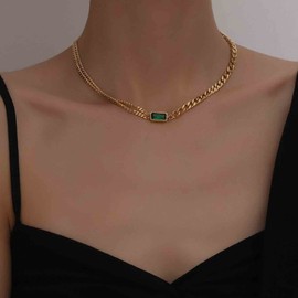 Yheakne Boho Green Emerald Pendant Necklace Gold Layered Curb Chain Necklace Vintage Rectangle Emerald Necklace Square Green Choker Necklace Chain Jewelry for Women and Girls