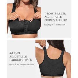 FeelinGirl Front Closure Post Surgery Compression Bra with Adjustable Straps Wireless Breast Augmentation Post Op Bras, Black, Medium