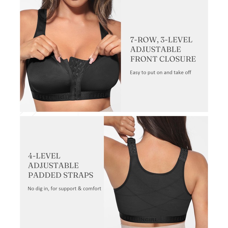 FeelinGirl Front Closure Post Surgery Compression Bra with Adjustable Straps