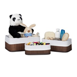 Relaxdays Bamboo Bathroom Baskets, HxWxD13 x 30 x 20 cm, Set of 3 Shelf Bins with Cloth Insert, Brown