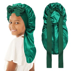 Kids Long Hair Bonnet for Sleeping - Double Layer Girls Elastic Satin Bonnet with Tie Band for Braid Curly Hair (Green)