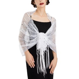 SWEETV Women's 1920s Long Shawl Wraps,Sequin Fringe Flapper Evening Shawls for Women Formal/Party/Wedding/Formal/Harlem night,Roaring 20s Accessories for Women,White