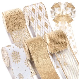 Crowye 5 Roll 50 Yard Christmas Decor Wire Ribbon 2.5 Inch Glitter Metal Mesh Ribbon Christmas Decoration Tree Bow Classification Glitter Wreath Gift Packaging Ribbon Craft Project DIY(Champagne)