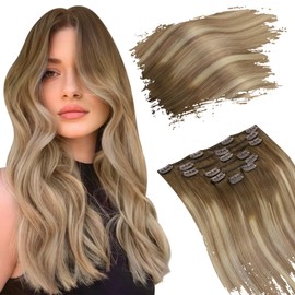 Ugeat Clip in Hair Extensions Real Human Hair Ombre Brown to Ash Brown Mix Light Blonde Real Hair Extensions For Women Clip in Human Hair Double Weft 20 Inch 7pcs 120g(105g Hair+15g Clips)