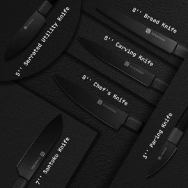 linoroso Kitchen Knife Set, 6 Pieces Knives Set with Healthy Anti-Rust Black Coating, Dishwasher Safe Professional Chef Knife Set with Gift Box, Saklei Series