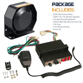 BooYu 12V 200W 9 Tones Police Warning Emergency Siren PA System [Slim Speaker][125-135dB][Handheld Microphone][Hands-Free][2 x 10A Switches] for Firefighter Ambulance Vehicles Truck Car SUV ATV UTV