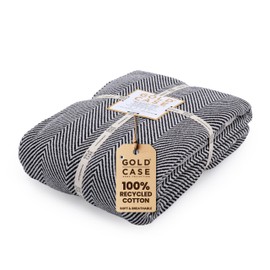 Gold CASE Turkish Bed Blanket - 100% Recycled Cotton Queen Blanket for Bed 90x90 - Super Soft Cotton Blankets Queen Size - Layering Lightweight Blankets Made of Warm Cotton for Bed & Couch - Black