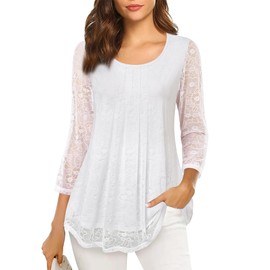 VALOLIA Women's Dressy Tops, 3/4 Sleeve White Dress Tunics, Flow Shirts for Older Women, Trendy Spring 2024, Large