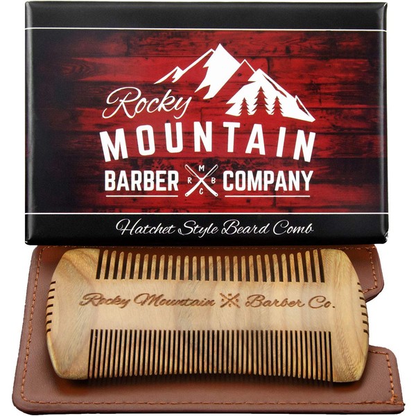 Beard Comb - Sandalwood Natural Hatchet Style Brush for Hair - Smells Amazing, Anti-Static & No Snag, Handmade Wide & Fine Tooth Contour Brush Best for Beard & Moustache with Carrying Case Pouch