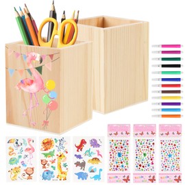 Pack of 2 Wooden Pen Holders, Children's Pen Holder for Crafts, Creative Pencils Organiser, No Colour Stationery Craft Set, Square Wooden Pen Holder for Children, DIY Desk Decoration, School Enrolment
