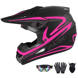 Youth Kids Motocross Helmet, Adult ATV Dirt Bike Helmet, Off-Road BMX 4-Wheeler Full Face Motorcycle Helmet W/Goggles Gloves & Mask, DOT Approved, Pink, L