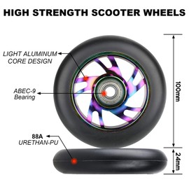 VOKUL 100 Mm Scooter Replacement Wheels Pro Stunt Kick Scooter Neo Wheels - with ABEC-9 Bearings, 100 x 24 mm Tyre Kick Roller PVC Wheels - Suitable for Razor, Cox, Hikole, Schildkröt and Most Freestyle Stunt Scooter Wheels, Set of 2