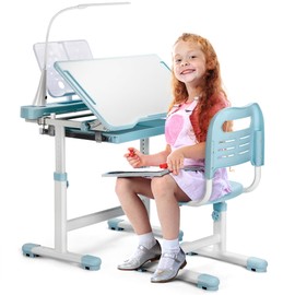 Decofy Kids Desk and Chair Set, Height Adjustable Functional Study Desk and Chair with 55° Tilt Desktop, 3 Brightness & Modes LED Lamps, Storage Drawer and Metal Hook for Girls Boys (Blue)